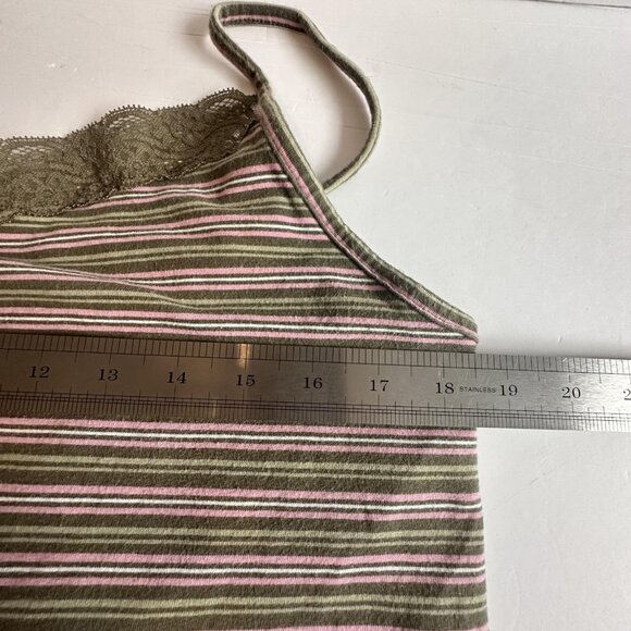 Venezia Tank Top Womens 18/20 Olive Green Pink Striped Lace Trim Cami Y2K Moody - Picture 6 of 7